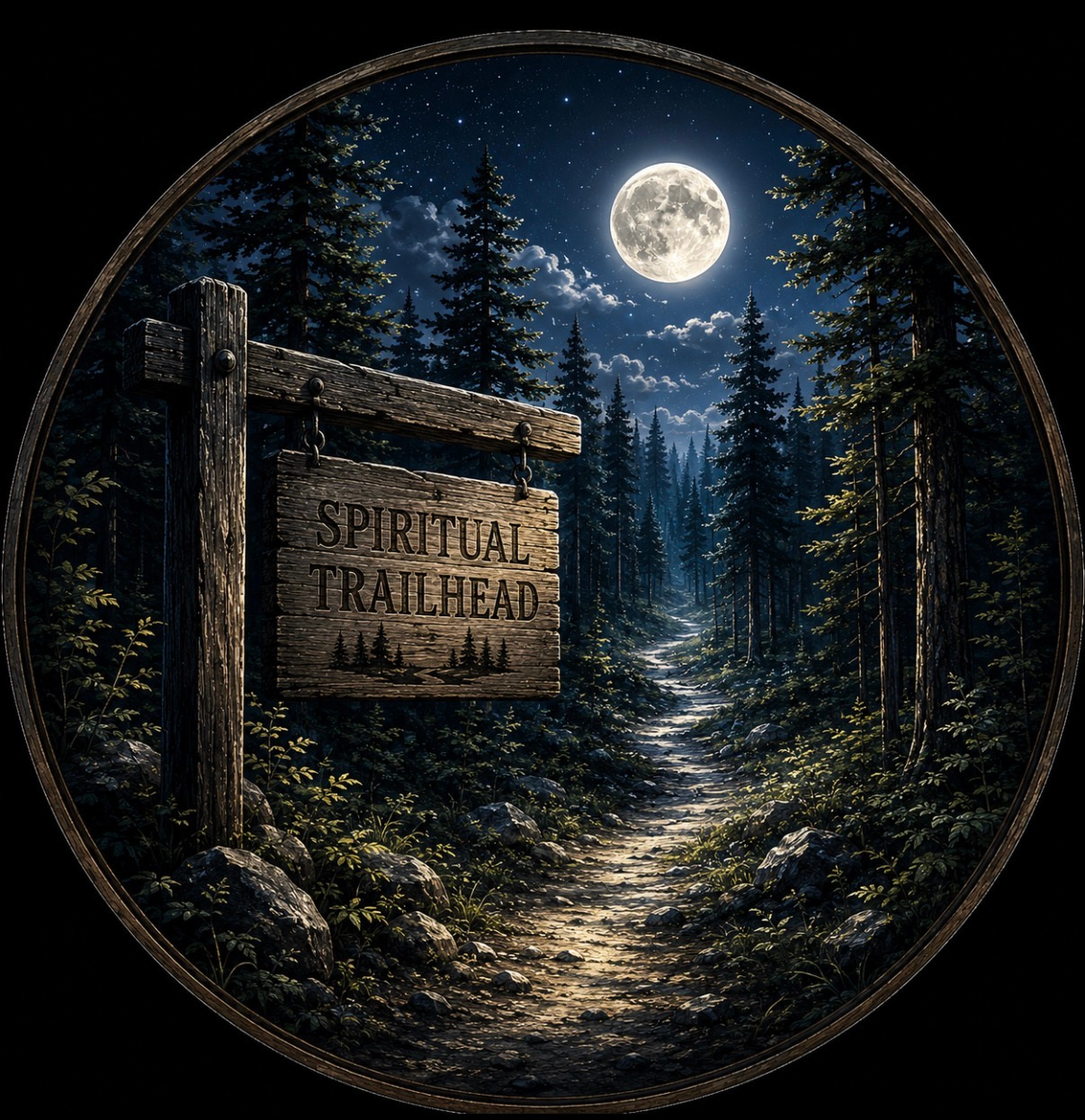 A bright full moon illuminates a forest trail beside a wooden Spiritual Trailhead sign
